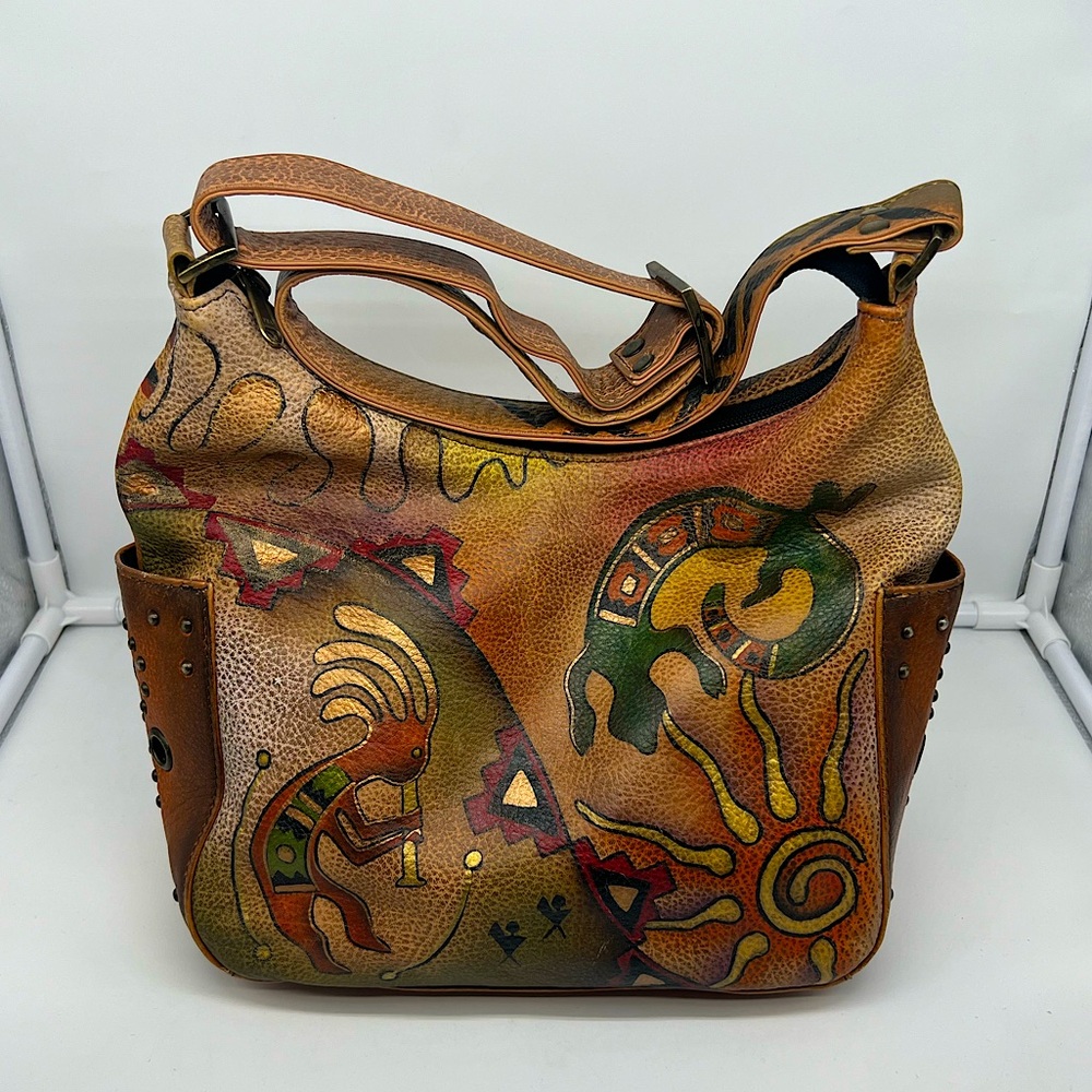 ANUSCHKA Vintage Southwest Cactus Handpainted Leather Shoulder Crossbody Bag